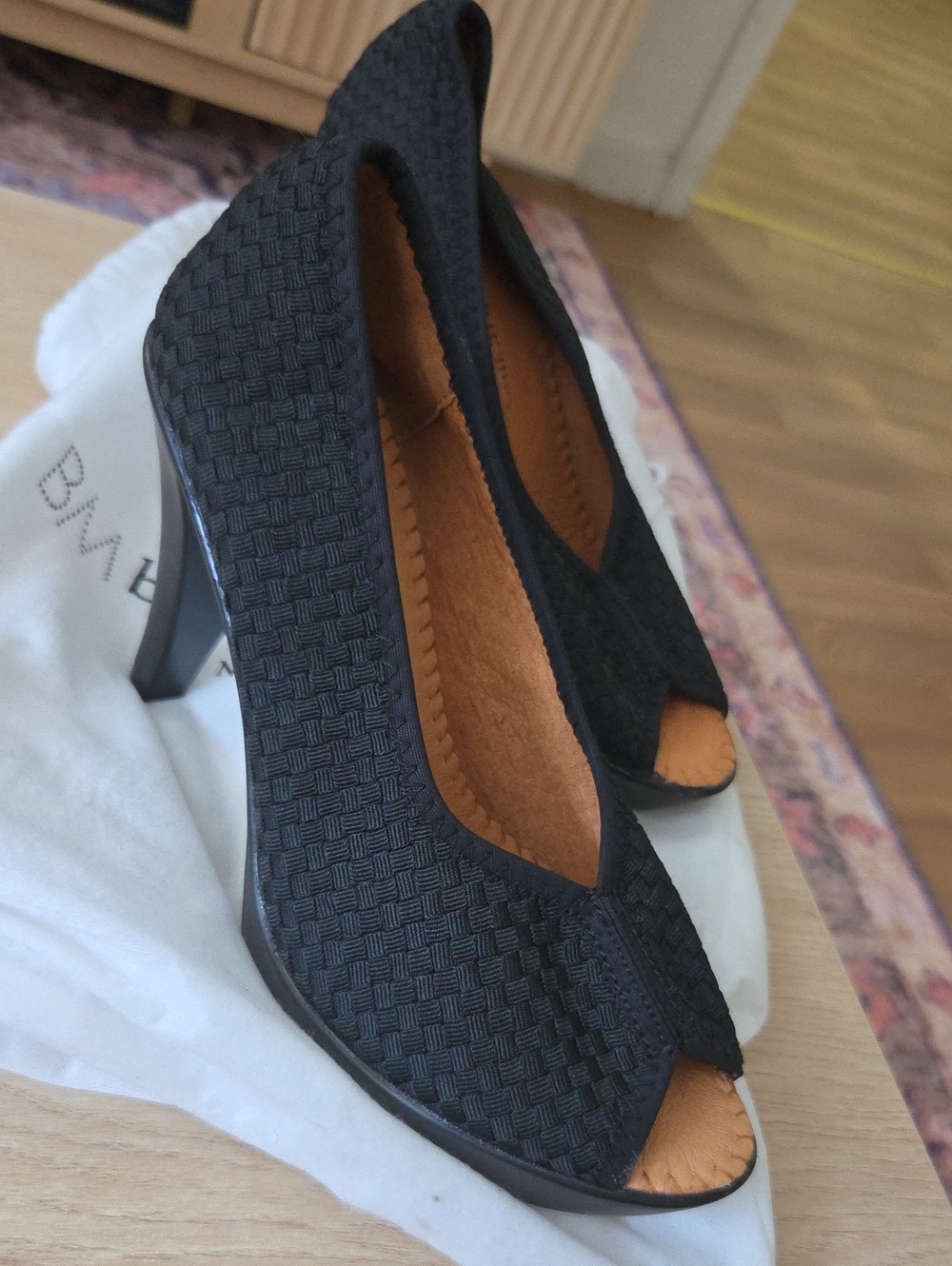 bernie mev. Black Peep-Toe Woven Heels